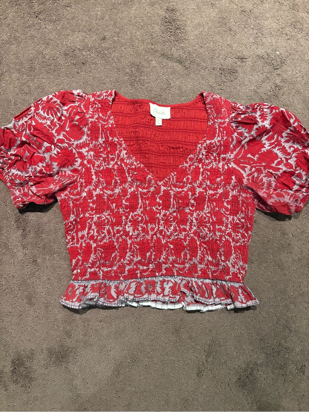 Cleobella Red Floral Crushed V-Neck Puff Sleeve Top